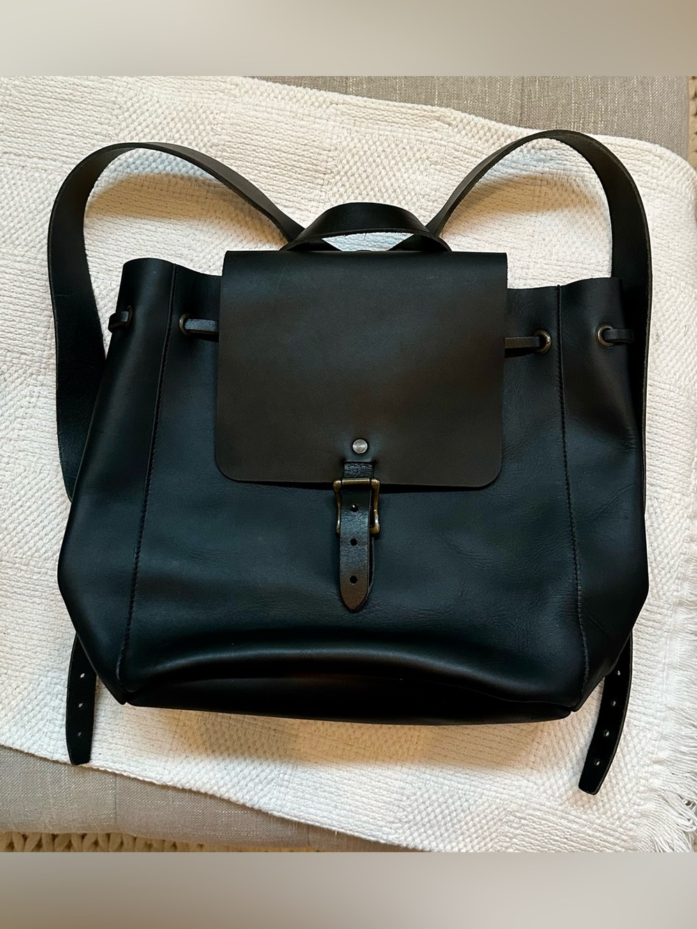 Wp Standatd Minimal Black Leather Backpack with Buckle Flap NEW